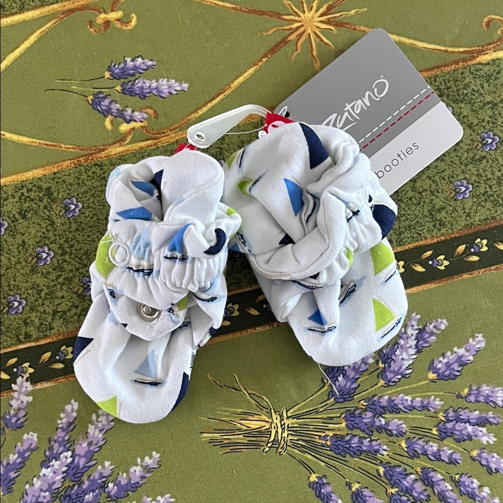 Zutano White and Blue Baby Booties with Sailboat Design